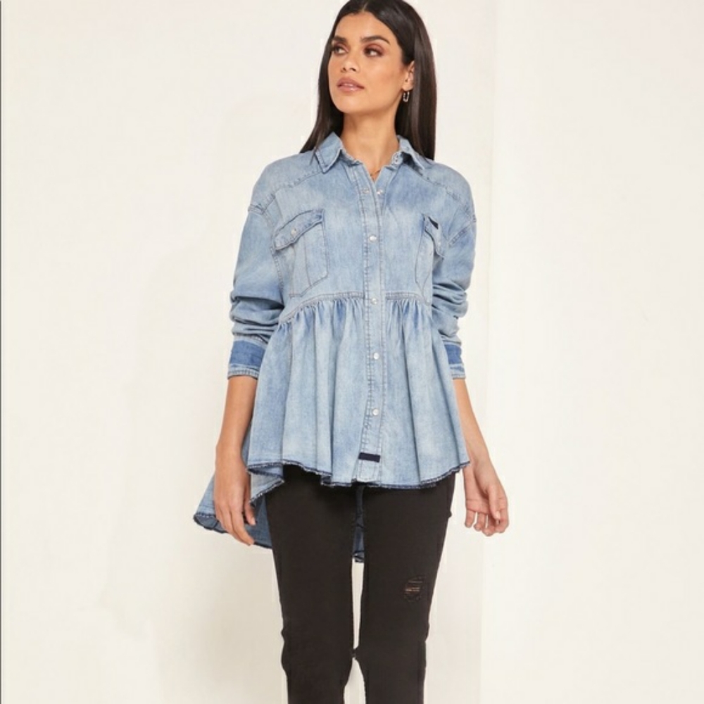 Free People Dylan Babydoll Snap Front Chambray Top - Picture 4 of 14
